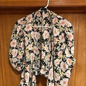 Forever 21 Pink and Yellow Puff Sleeve Blouse with Smocked Tie Front